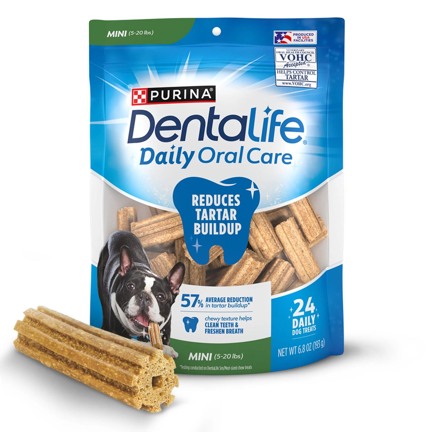 Purina  Daily Oral Care Mini & Toy Dog Treats with Chicken Chews, 6.8 Oz Pouches, 24 Count (4 Pack)