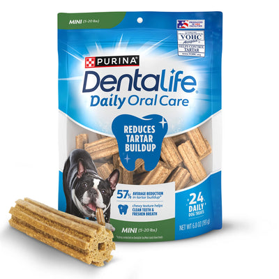 Purina  Daily Oral Care Mini & Toy Dog Treats with Chicken Chews, 6.8 Oz Pouches, 24 Count (4 Pack)