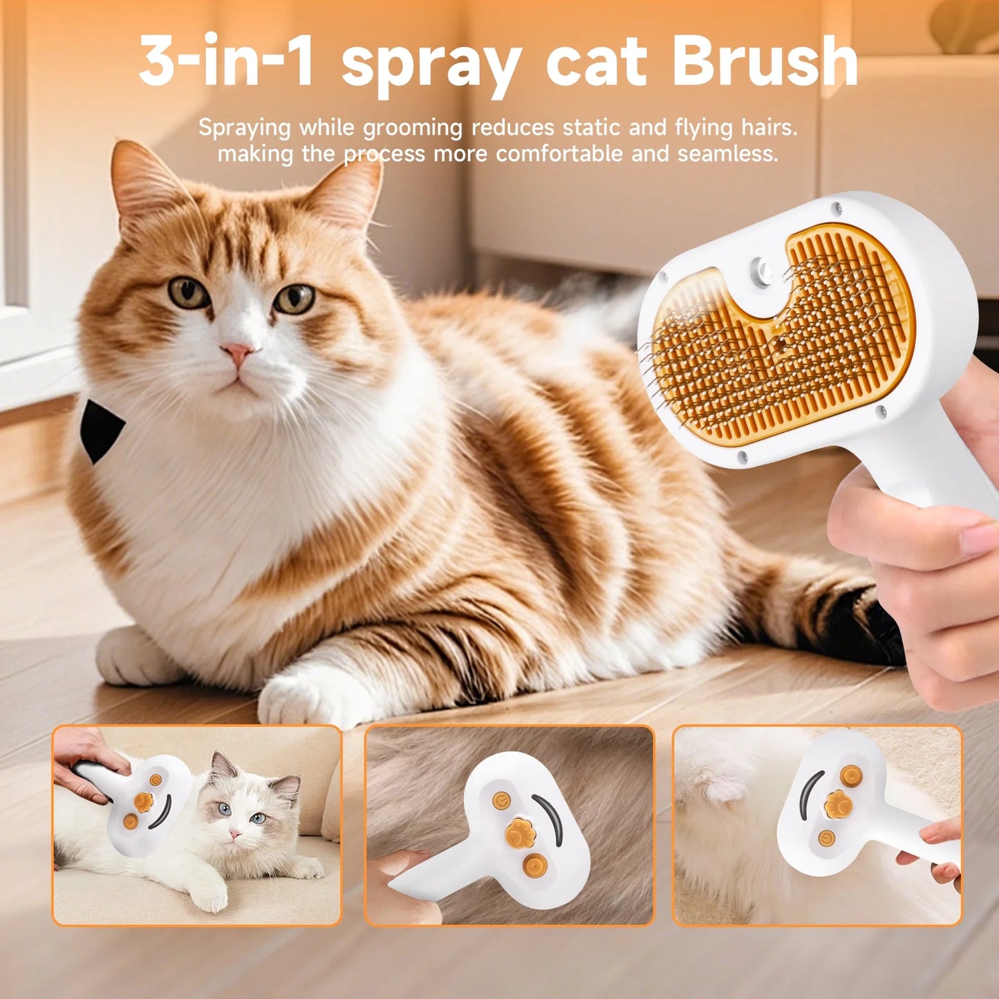 Steam Brush Pet Grooming & Spray - 3-In-1 Depilation Tool for Dogs & Cats - Water Brush for Long/Short Hair - Includes Self-Cleaning & Waterless Shampoo and Empty Bottle