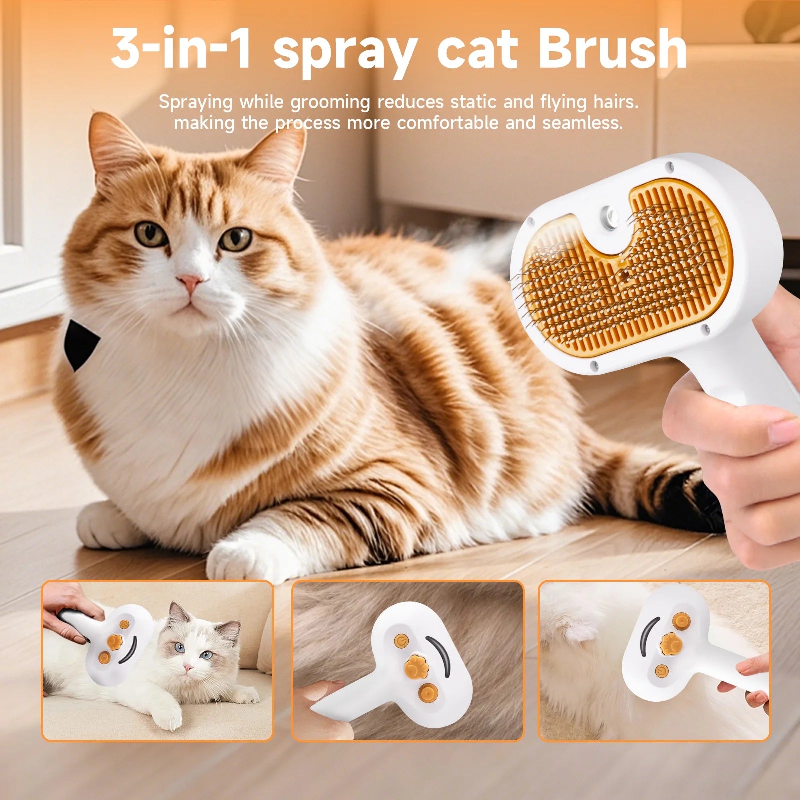 Steam Brush Pet Grooming & Spray - 3-In-1 Depilation Tool for Dogs & Cats - Water Brush for Long/Short Hair - Includes Self-Cleaning & Waterless Shampoo and Empty Bottle
