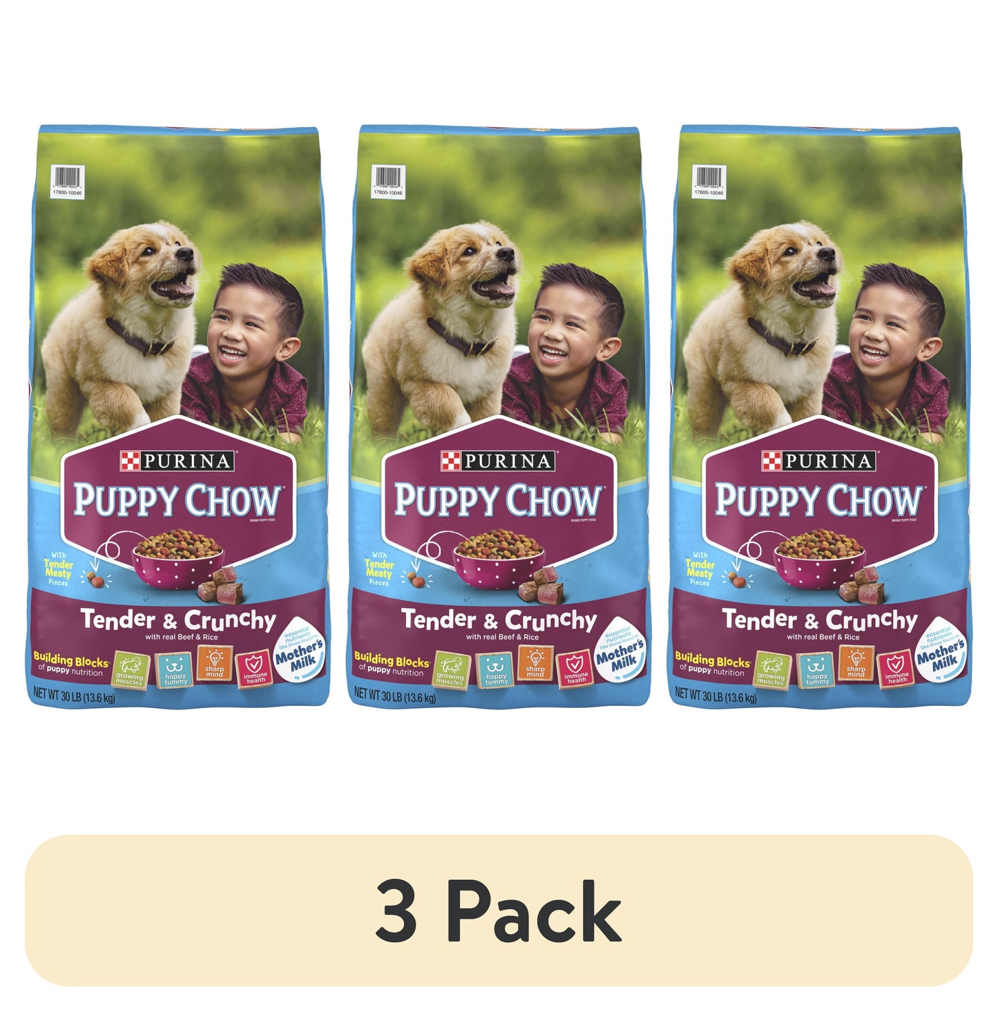 (3 Pack)  Puppy Chow Dry Dog Food, Tender & Crunchy High Protein Real Beef & Rice, 30 Lb Bag