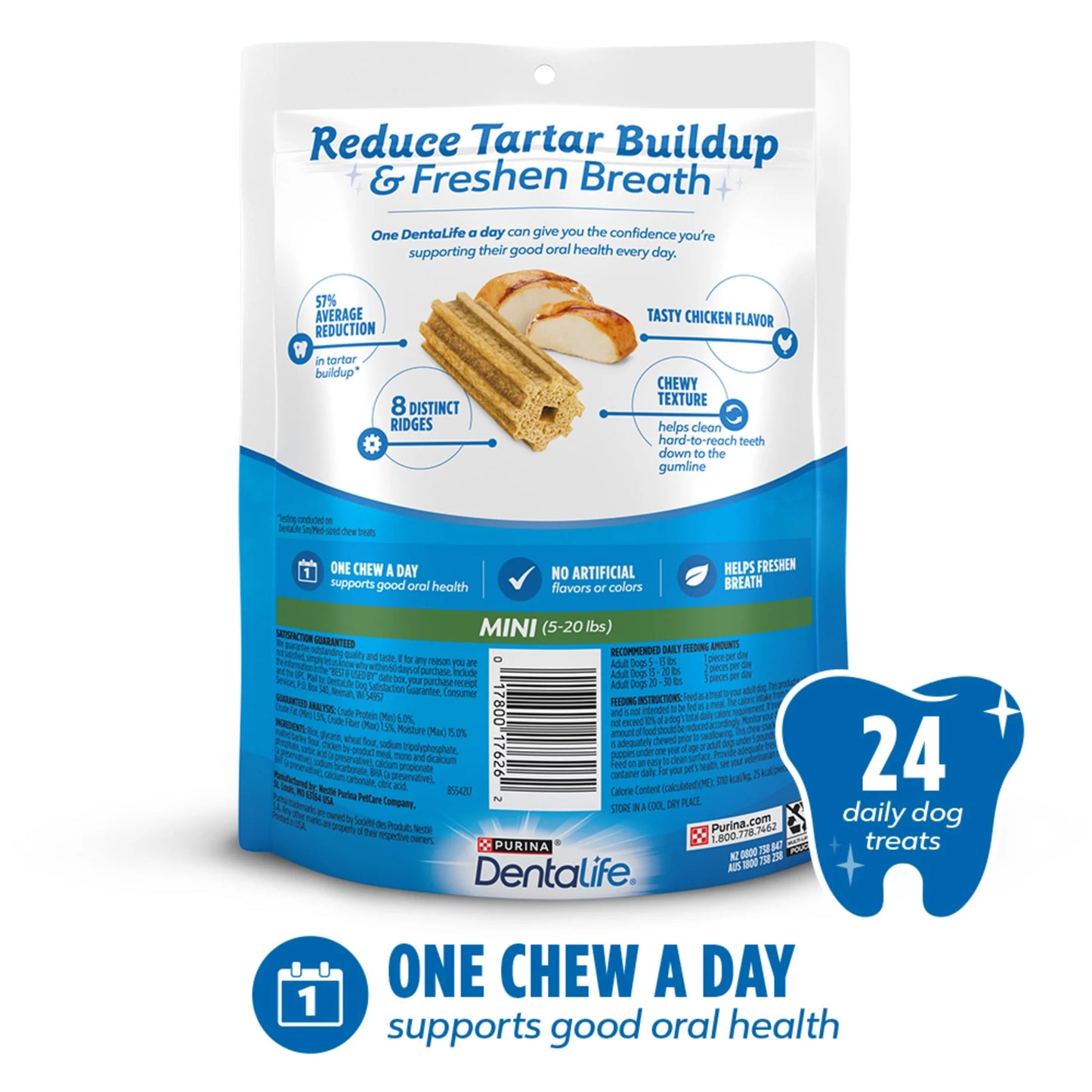 Purina  Daily Oral Care Mini & Toy Dog Treats with Chicken Chews, 6.8 Oz Pouches, 24 Count (4 Pack)